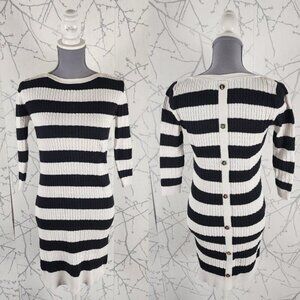 Guess Black White Striped Knit Button Back Sweater Dress